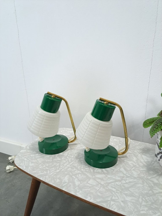 Image 1 of Mid Century set of 2 groene kunststof lamp, nachtlamp, tafellamp
