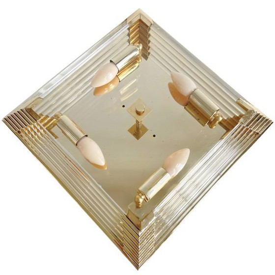 Image 1 of Lámpara de araña cuadrada de mediados de siglo, de cristal y latón, estilo Hollywood Regency, década de 1970