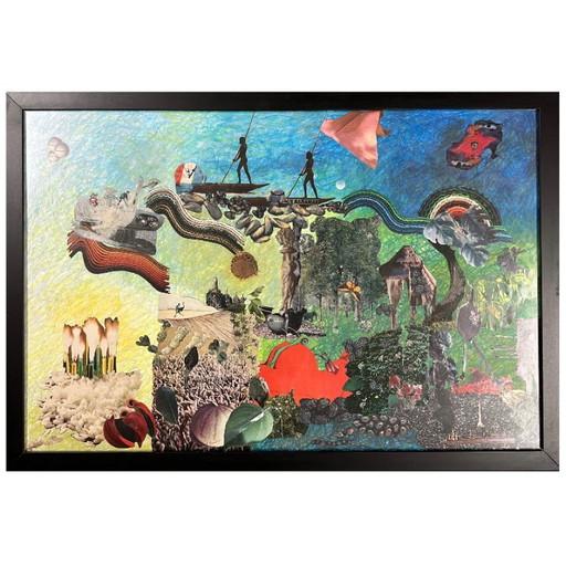 Very large surrealist collage painting by Alain Gaudet, 1979