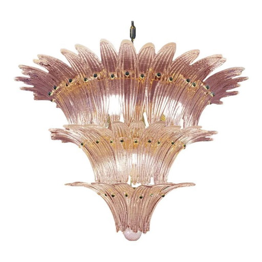 Coppia di iconici lampadari in vetro di Murano rosa "Palmette" di metà secolo