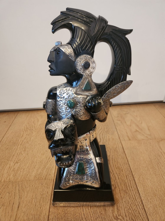 Image 1 of 2 large Mexican sculptures – Solid Obsidian & Alpaca/Silver with Turquoise inlay – 35 cm – Monumental weight: 8.8 kg!