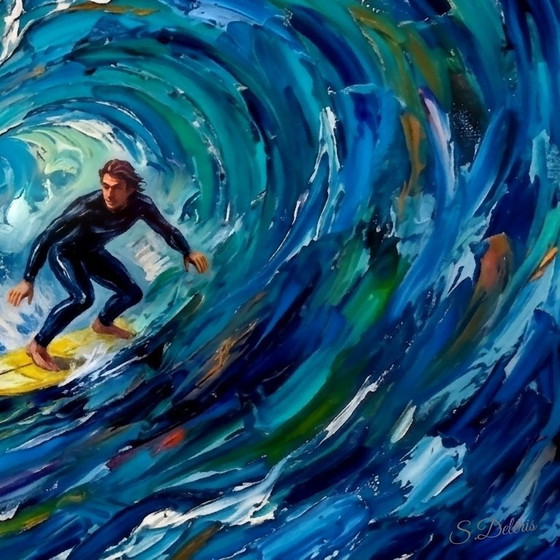 Image 1 of Panoramisch impressionistisch schilderij op acrylcanvas / Surfer (120x60 cm)