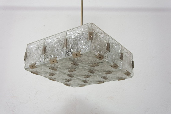 Image 1 of Mid Century Pendant Lamp Glass & Chromed Steel Kamenický Šenov 1970s Czechoslovakia