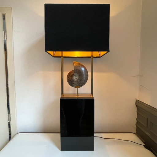 Lampe vintage Hollywood Regency Ammonite en laiton doré et bois laqué noir de Maison Jansen, 1970