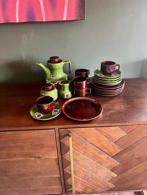 Retro Koffieservies uit de jaren 70 voor 6 personen, Space Age Vintage Servies in groen en bruin, – Ceramic (photo 2 of 10)