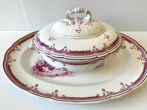 Légumier Faïence Fine Paris France Crêtes Roses B&Cie Barluet Creil & Montereau