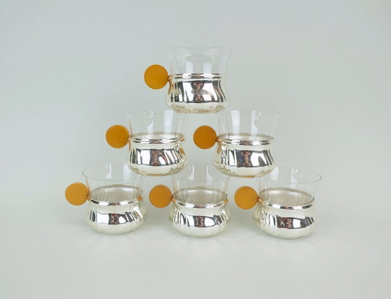 Image 1 of 6 tea glasses in chrome-plated metal holders with bakelite handles, art deco, 1930s 40s