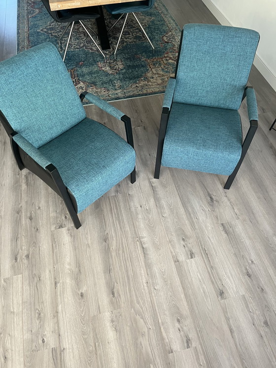 Image 1 of 2 fauteuils Grandola, tissu/cuir Turquoise/Pétrole/Noir