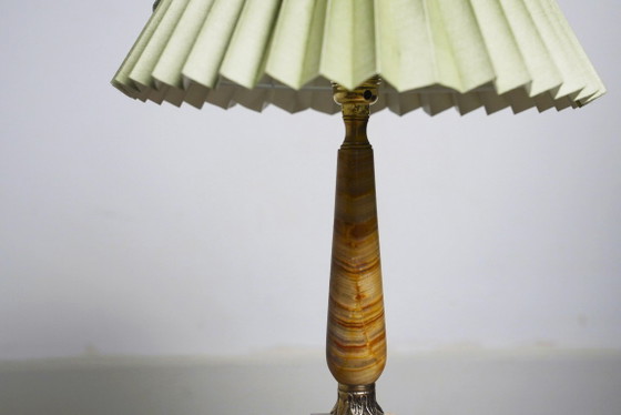 Image 1 of Vintage Pink Onyx Marble Table Lamp with Sage Green Pleated Shade, Italian Brass Bedside Lamp, Art Deco Hollywood Regency Accent