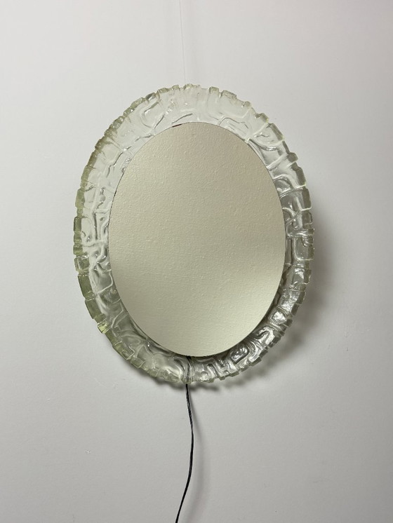Image 1 of Large Mid-Century Backlit Sugar Glass Oval Mirror, Sculptural Illuminated Wall Mirror, Europe, 1960s–1970s