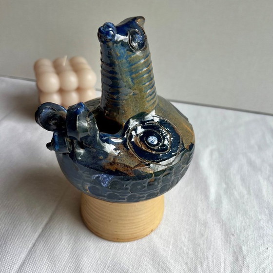Image 1 of Sculpturaal vogelbeeldje van steengoed door Hanne Stentøj - Danish Ceramics Cobalt Blue, 1960