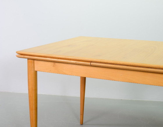 Image 1 of Large Mid-Century Design Extendable Solid Beech Wooden Dining Table in style of Arno Lambrecht. Germany, 1950s.