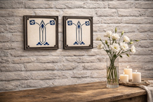 Paar antike SOMAG MEISSEN Fliesen – Jugendstil-Jugendstil-Keramik – Deutschland 1900