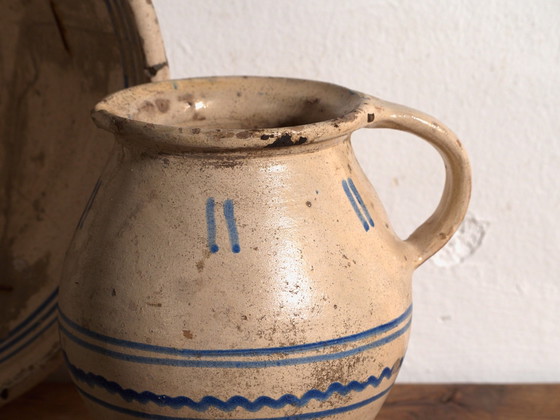 Pair of Antique Glazed Ceramic Bowl and Jug, Central Europe, circa 1900, Crockery, Blue (photo 5 of 14)