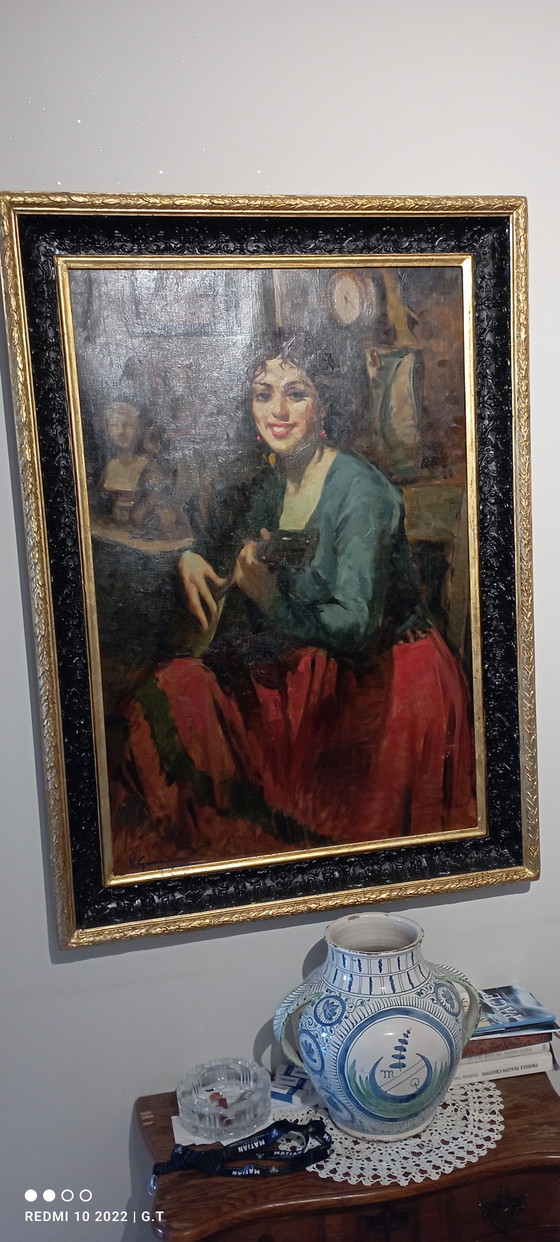 Image 1 of ANTIQUE LARGE PAINTING OF A MANDOLIN PLAYER FROM THE 19TH CENTURY