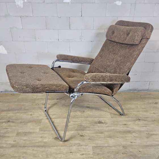Image 1 of Vintage Verstelbare Relaxfauteuil Chroom / grijs / bruin stof / luie stoel / reclining chair