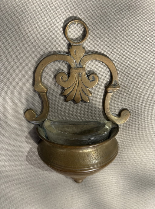 19th-Century French Bénitier de Chevet / Brass Bénitier Mural, with Openwork Palmette and Volute Ornament.