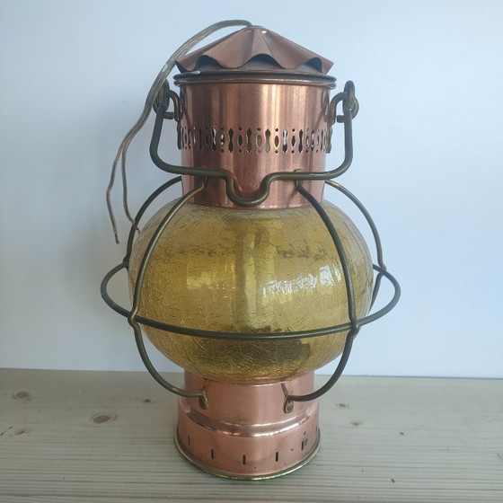 Ship's lantern 360 degrees with spherical amber crackle glass, Pendant lamps, Copper, Yellow, Vintage (photo 7 of 12)