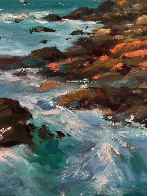 Image 1 of Original Oil Painting Coastal Rock Landscape Sailboats in the distance sea