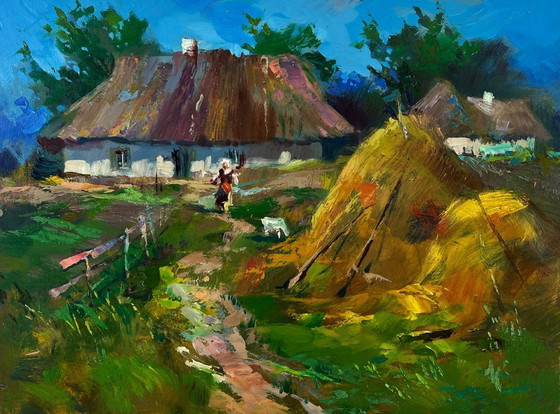 Image 1 of Original Oil Painting Rural Day Landscape Summer Village Life