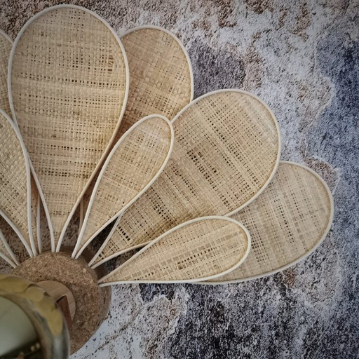 Art Deco wall sconce, 11 petals in rattan and linen (customizable shade)