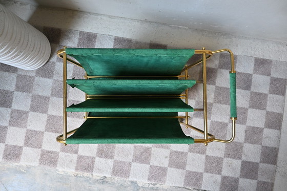 Image 1 of Brass Lectern on wheels, green suede upholstery