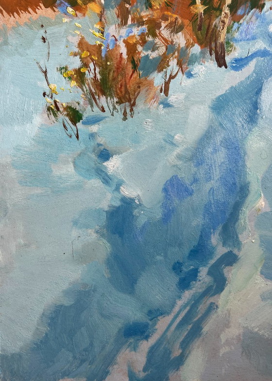Image 1 of Original Oil Painting Snow Forest Landscape Winter path in the forest
