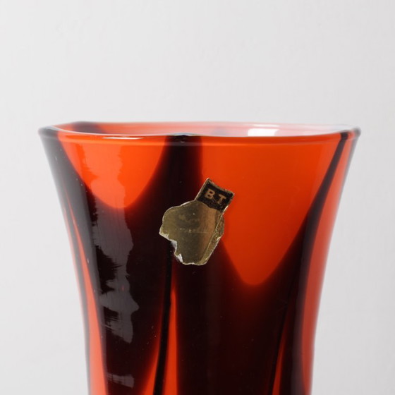 Image 1 of Zeldzame vintage vaas van Murano-glas in twee kleuren (oranje en bruin) uit het midden van de 20e eeuw / Italië / jaren 70