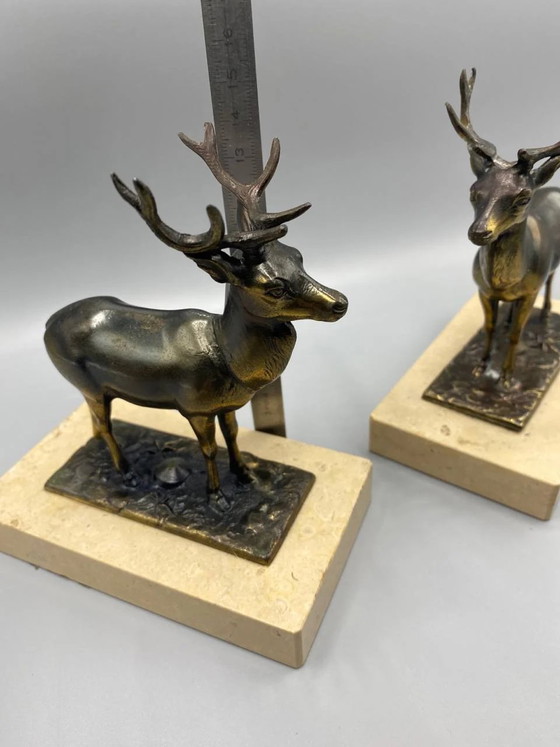 2 Bronzed Spelter Deer Bookends on Marble Base, Art Deco Animal – Sculpture (photo 8 of 8)