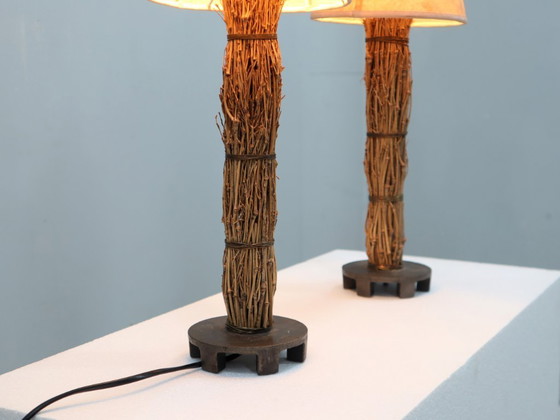 Image 1 of Paar italienische dekorative Tischlampen aus den 1970er Jahren, Raphia & Pergament