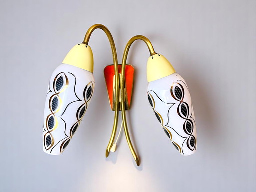 Mid-Century Modern Brass Opaline Glass Double Shaded Wall Sconce Light with Pull Chain, 1950s