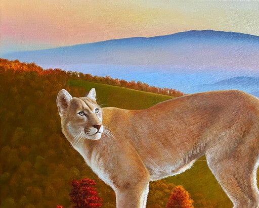 Original Oil Painting Portrait Animal Mountain Landscape Puma In The Wild – schilderijen tekeningen, Canvas (photo 2 of 7)