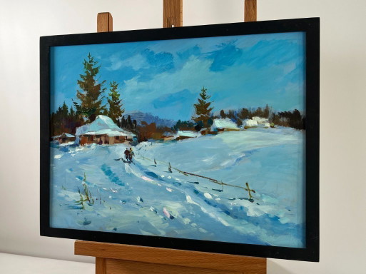 Original Oil Painting Winter Village Landscape Along the snowy path