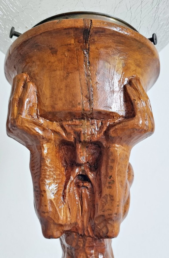 Image 1 of Folk art wooden sculpture lamp with crackled glass