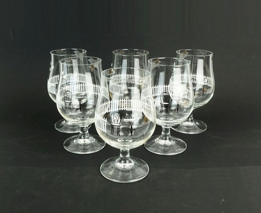 set of 6 mid century COCKTAIL GLASSES with beautiful decor 1950s 1960s glasses