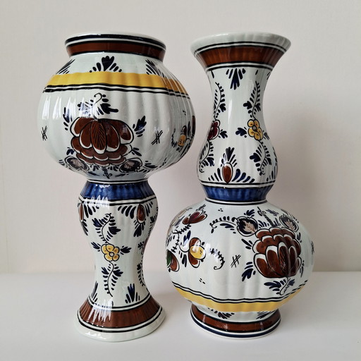 Pair of Polychrome Knob Vases Delftware - 100% Hand-painted - 27 cm