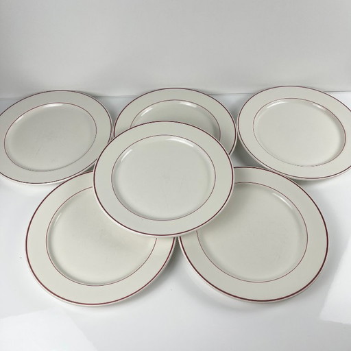 Juego de 6 platos llanos Villeroy & Boch, borde burdeos/morado, siglo XX.