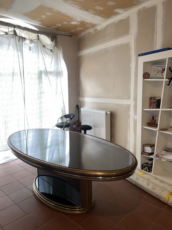 Image 1 of Exclusieve vintage eettafel - gerookt glas en messing, jaren 1970