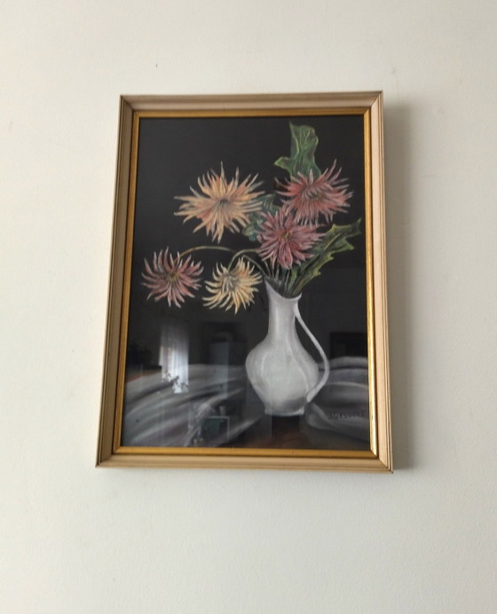 Image 1 of Tableau ancien pastel fleurs J Gelders cadre doré vintage