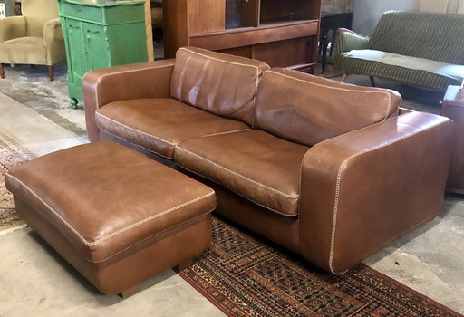 Leather Sofa With Hocker Machalke & Machalke, Cognac Color