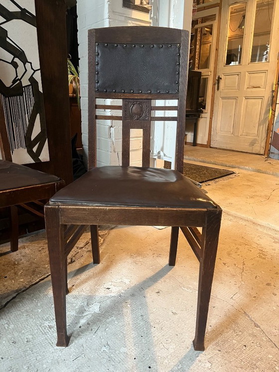 Image 1 of 4x Antique Art Nouveau Chairs | Oak & Leather | Vintage