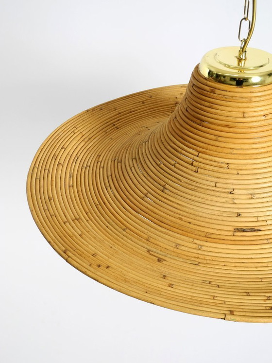 Image 1 of Beautiful, large Italian 1970s bright bamboo wood ceiling pendant lamp Vivai del Sud