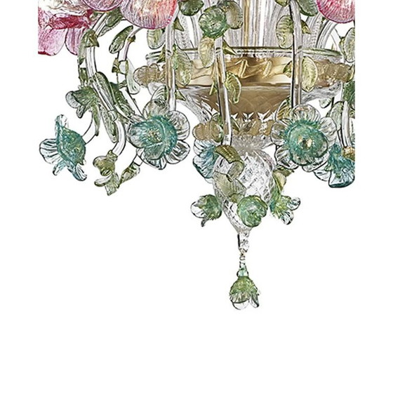 Image 1 of Verzierter venezianischer Kronleuchter aus Muranoglas in Rosa und Grün mit Blumenmuster