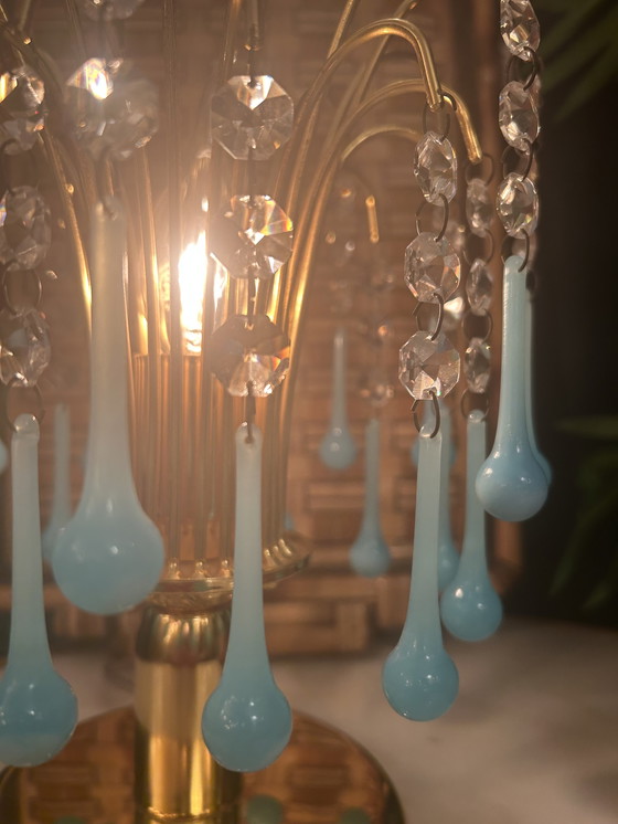 Image 1 of Set van 2 Vintage Opaline Blauwe Tafellamp Goud Frame