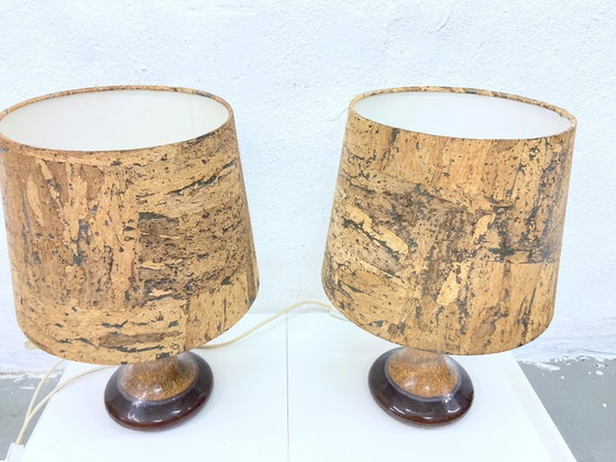 Image 1 of 2 Leola table lamps, ceramic base, cork shade, 1970s/80s
