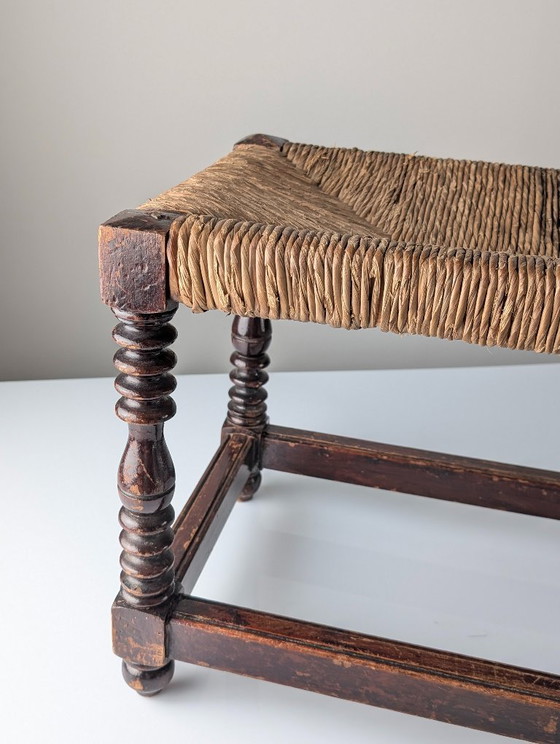 Image 1 of Spanish Provincial Bobbin-Turned Rush Bench, 1940s