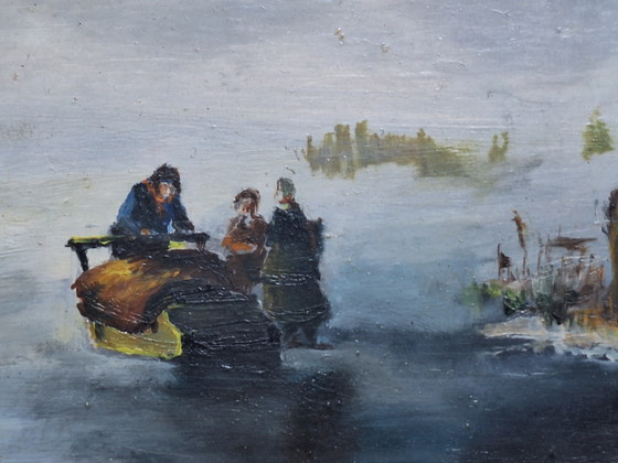 Image 1 of Wintertafereel olieverfschilderij op paneel 