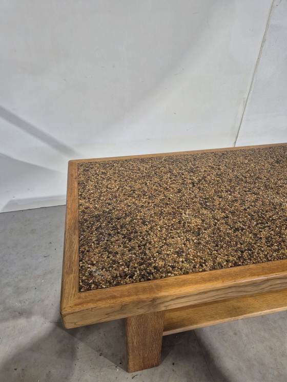 Image 1 of Tavolino da caffè in legno di quercia in stile giapponese con piano in ciottoli