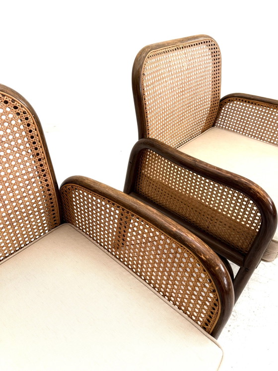 Set di 2 poltrone vintage in manou e tessitura, anni '60, Legno, Vimini, Marrone (foto 5 di 8)