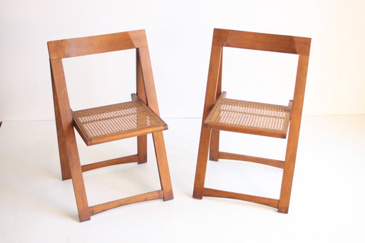 Wooden Folding Chairs with Rattan Seating, 1970s Set of Two
